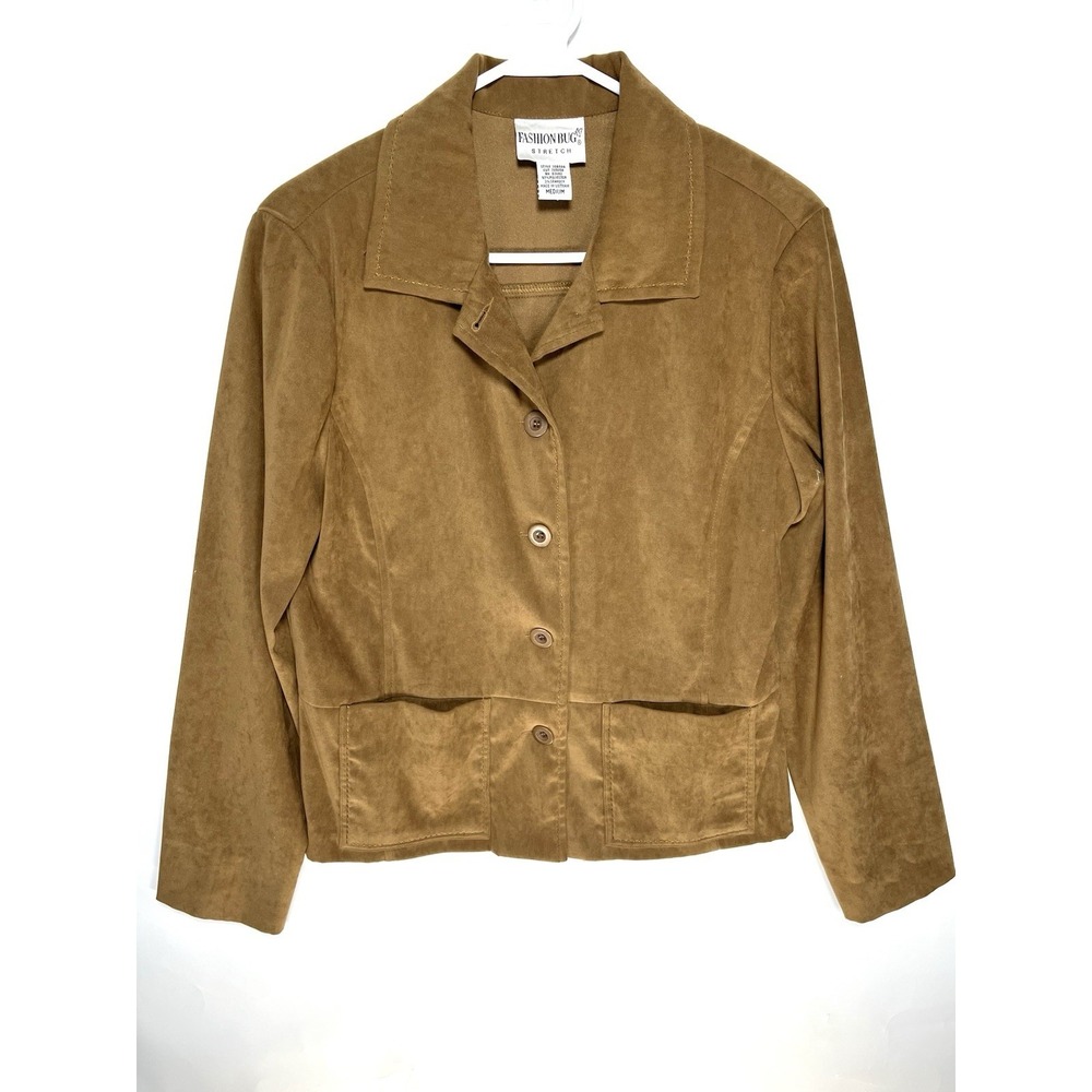 Fashion Bug Stretch Women's Medium‎ Button Up Jacket Camel Shoulder Pads Fall